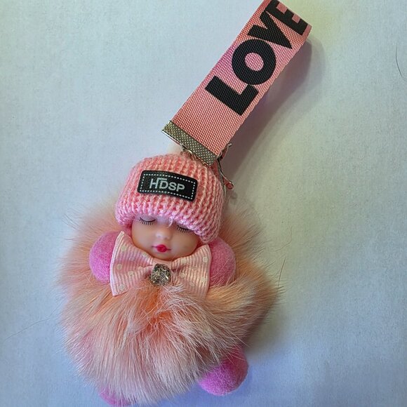 Cute Baby Sleeping Keychain with LOVE tag, Plush rabbit fur, Bag Charm - Picture 5 of 6